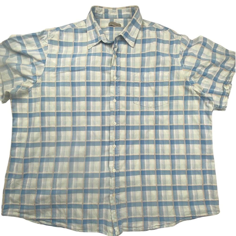 Woolworths Mens XXXL Blue Plaid Cotton Linen Short Sleeve Button Up Shirt 0366